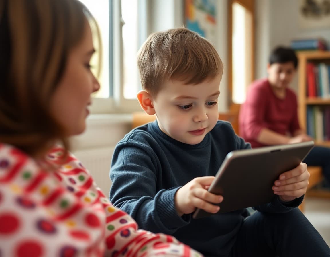 Child using a tablet at home while parent monitors nearby