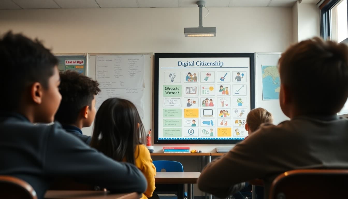Students looking at a digital citizenship poster in a modern classroom