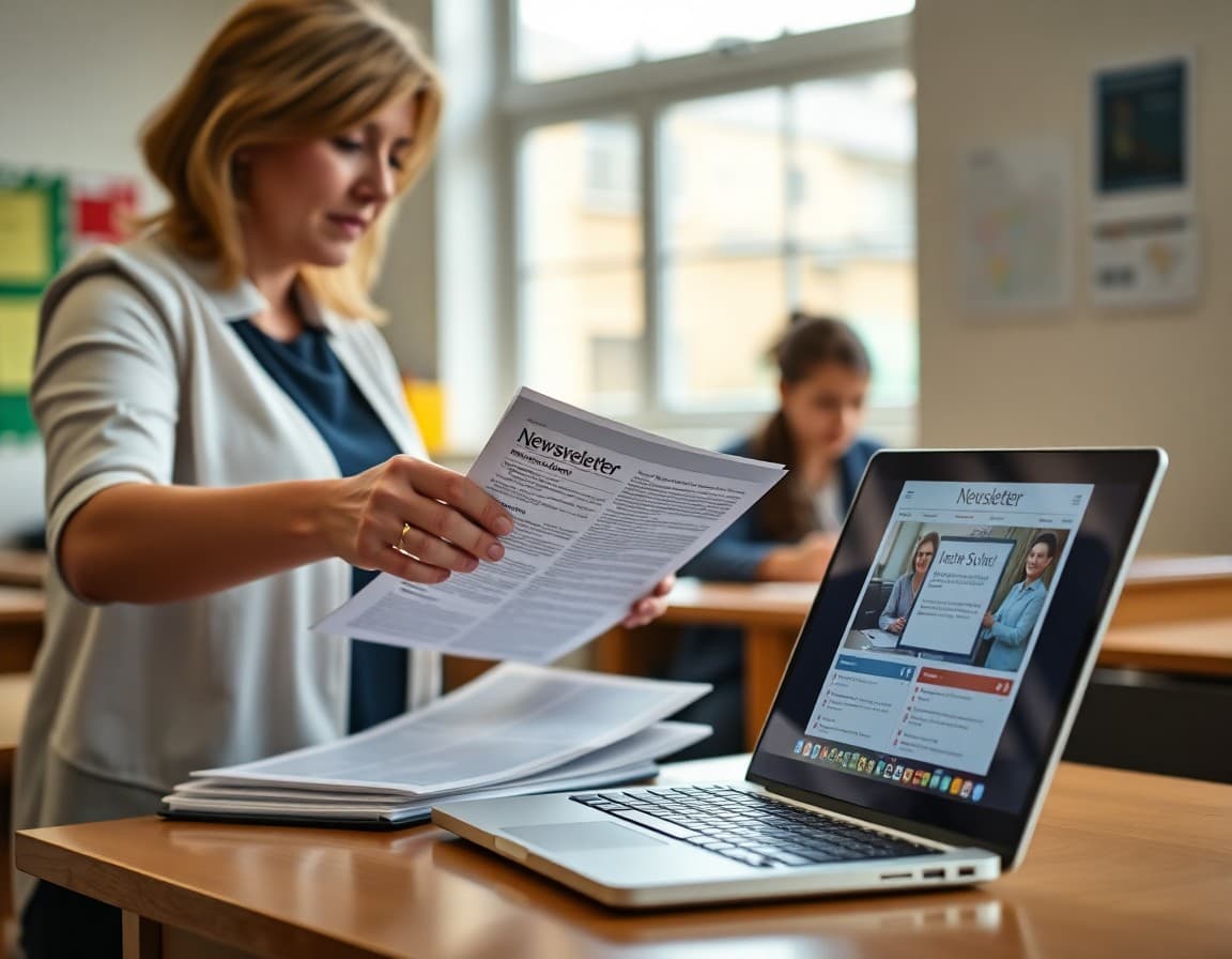 Teacher placing a paper newsletter in student folders next to a laptop showing digital version