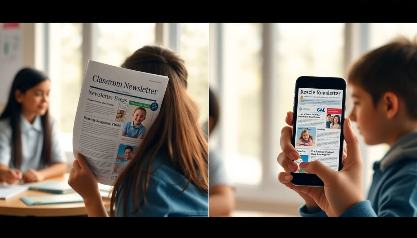 Side-by-side comparison of a printed classroom newsletter and a newsletter on a phone screen