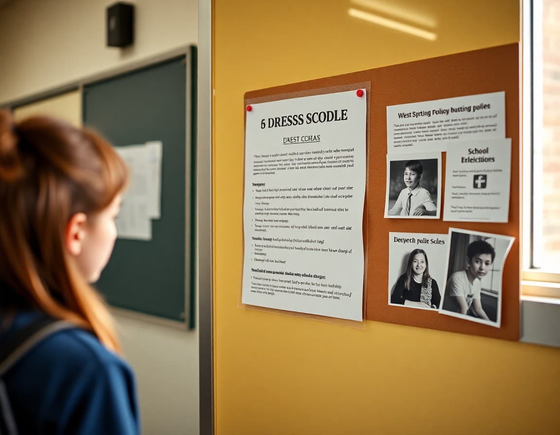 School dress code policy document with examples pinned to bulletin board