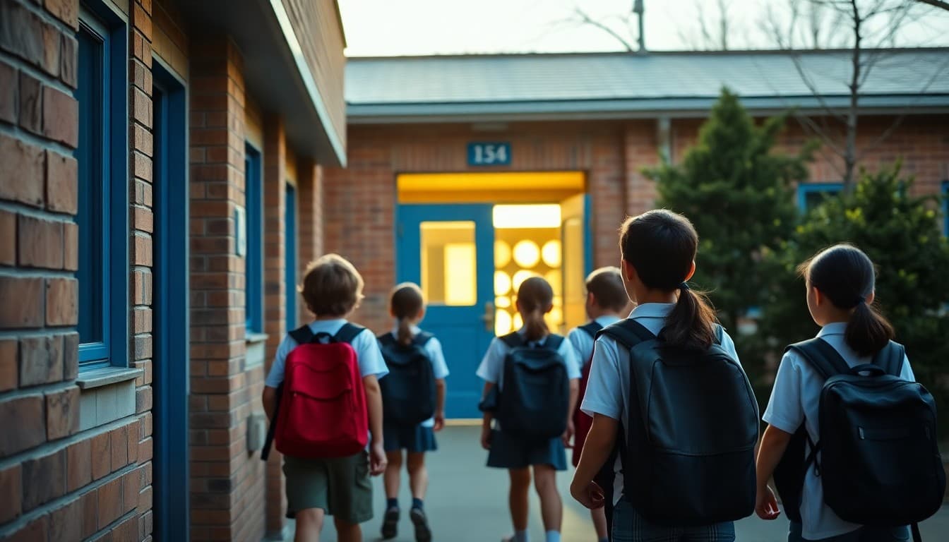 Students in school uniforms arriving at elementary school building in morning