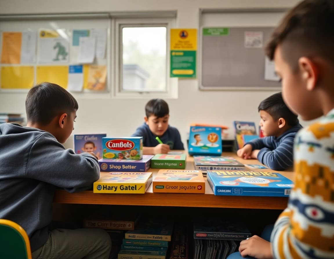Educational board games and card games spread on a classroom shelf for free choice