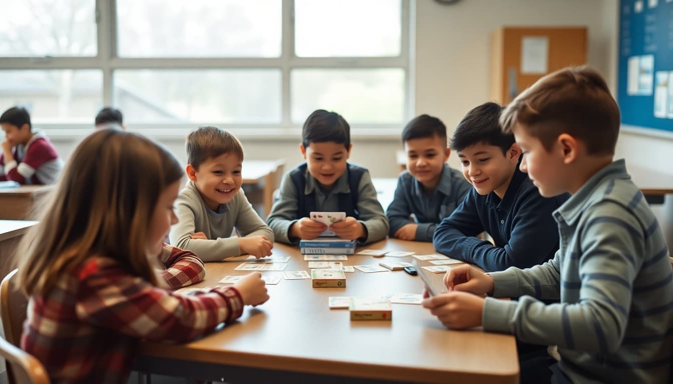Students playing a vocabulary card game at classroom tables with enthusiasm and focus