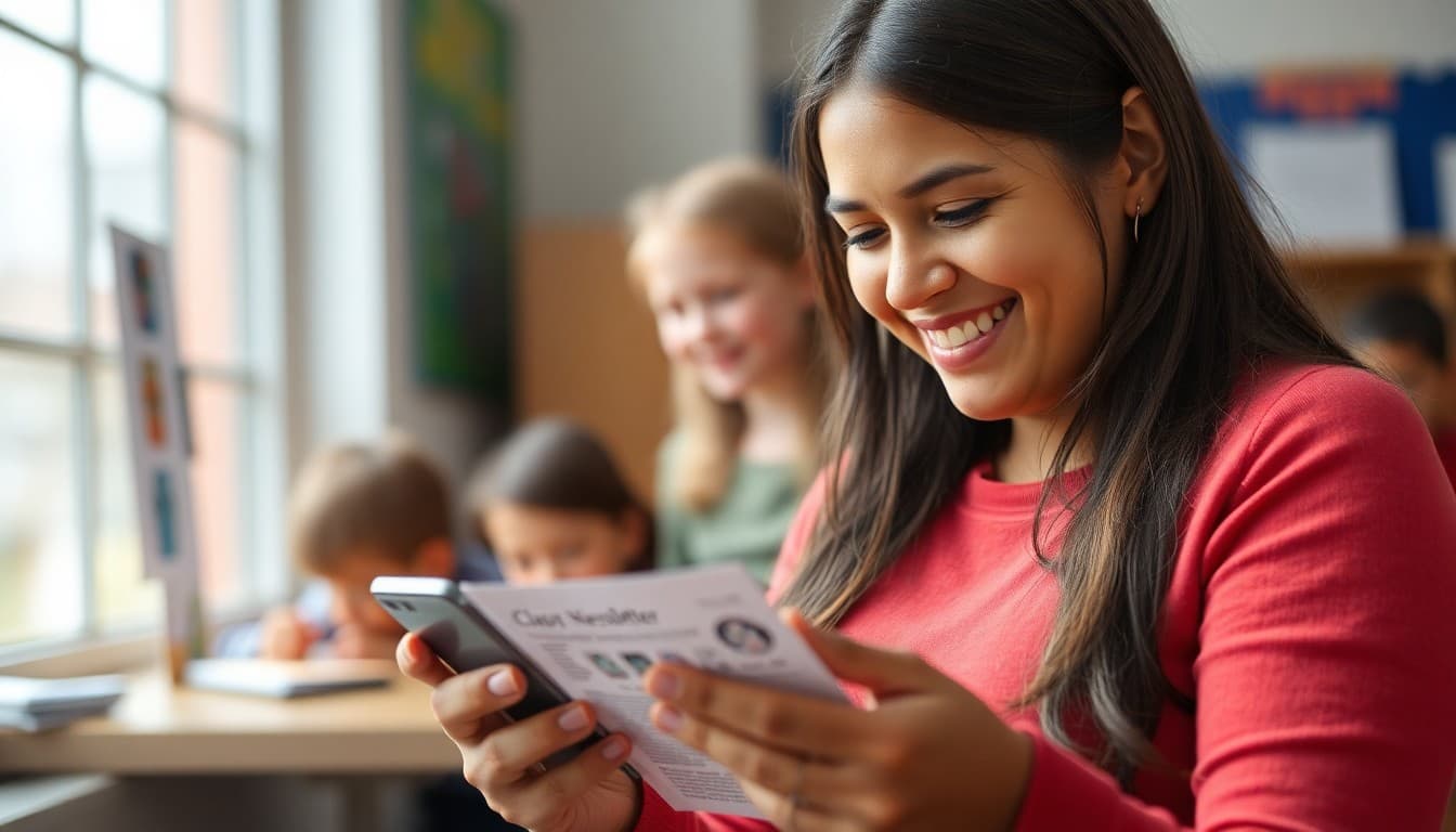 Parent smiling while reading a classroom newsletter on a smartphone
