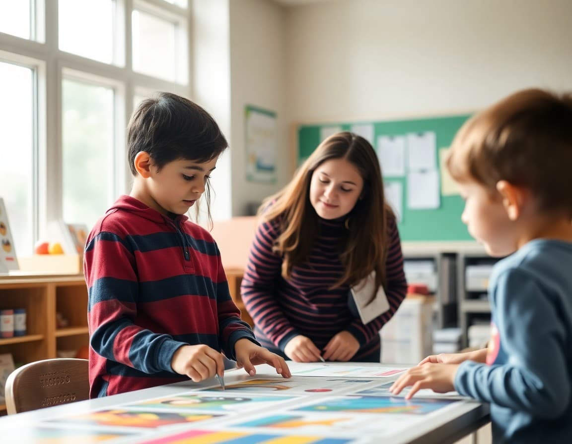 Student explaining their project to a parent and younger sibling at a display table