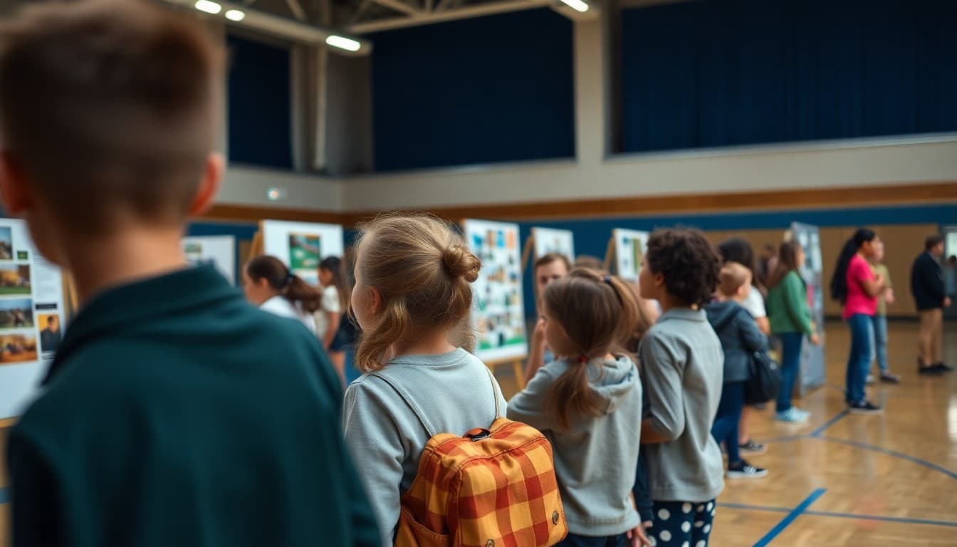 Families viewing student project displays at a school exhibition night in a gymnasium