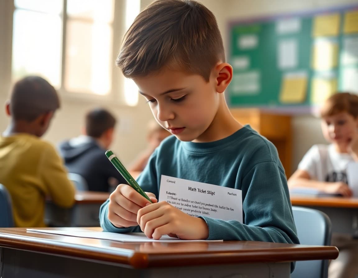 Student writing a response on an exit ticket slip at the end of a math lesson