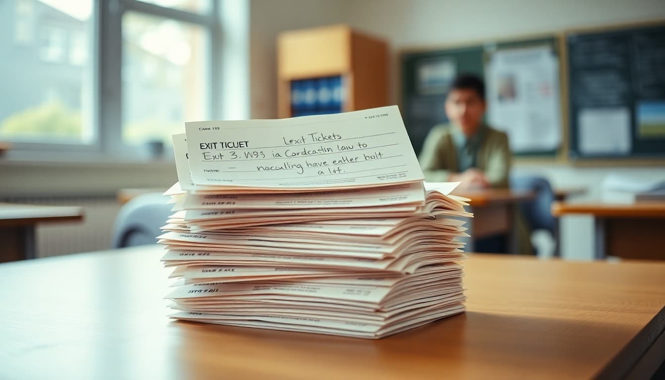 Stack of handwritten student exit tickets on a teacher's desk sorted into three piles