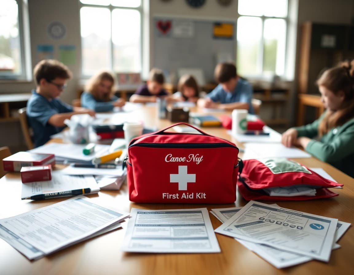 First aid kit contents spread out on a table with student worksheets nearby