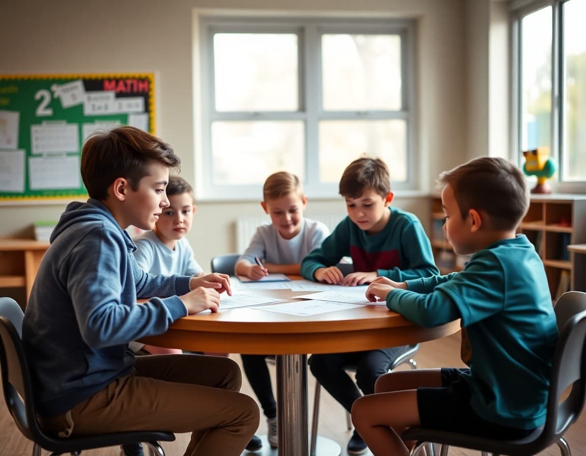Students in a small flexible group working through a math problem with teacher guidance at a round table