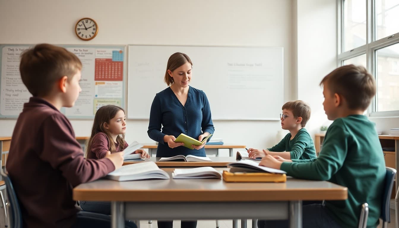 Teacher rotating between three small reading groups in a classroom, each group working at a different table