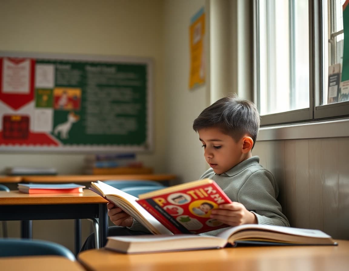 Student reading independently at a cozy classroom reading nook showing comfort and belonging