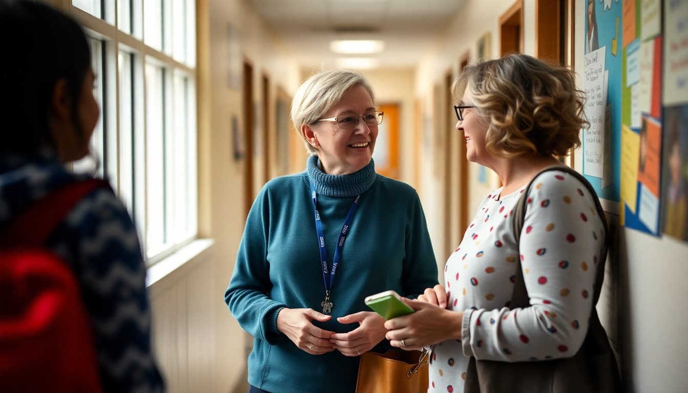 Teacher and caregiver having a warm one-on-one conversation in the school hallway