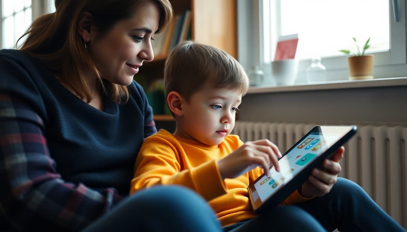 Student using free educational app on tablet at home with parent nearby