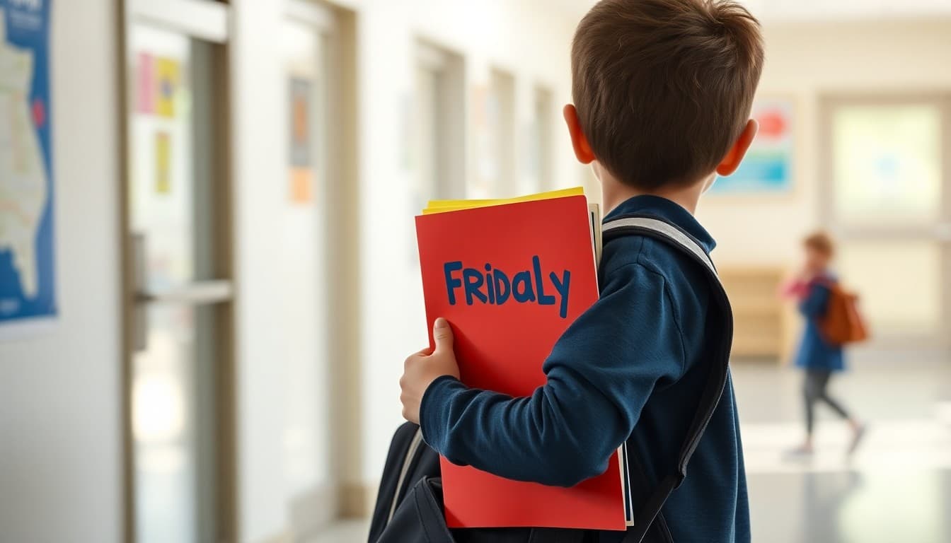 Student carrying colorful Friday folder home from elementary school