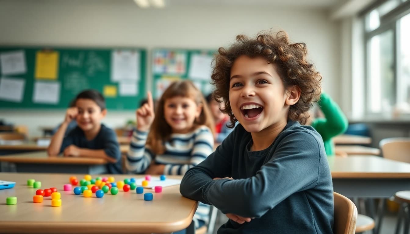 Excited students celebrating during a classroom game day with colorful game pieces on desks