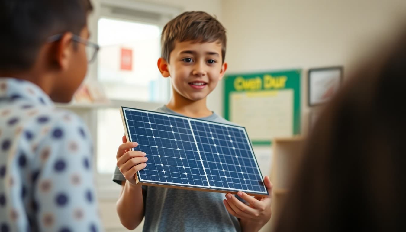 Student presenting a hand-built model of a solar panel during genius hour sharing day