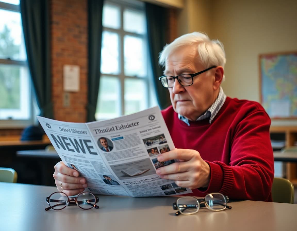 Older adult reading a printed school newsletter at a table with reading glasses nearby