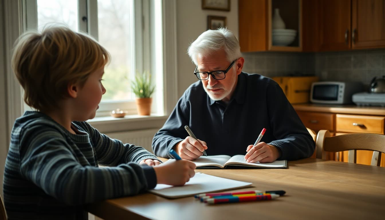 Grandparent sitting with a grandchild helping with homework at a kitchen table