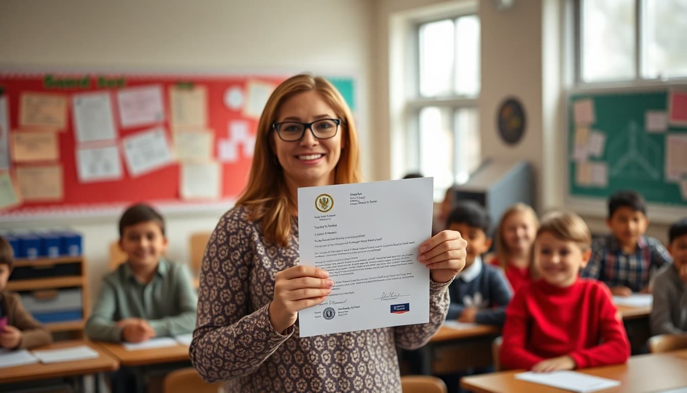 Teacher holding grant award letter with classroom students celebrating in background