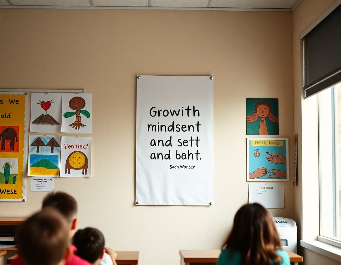 Growth mindset quote poster on a classroom wall with student artwork around it