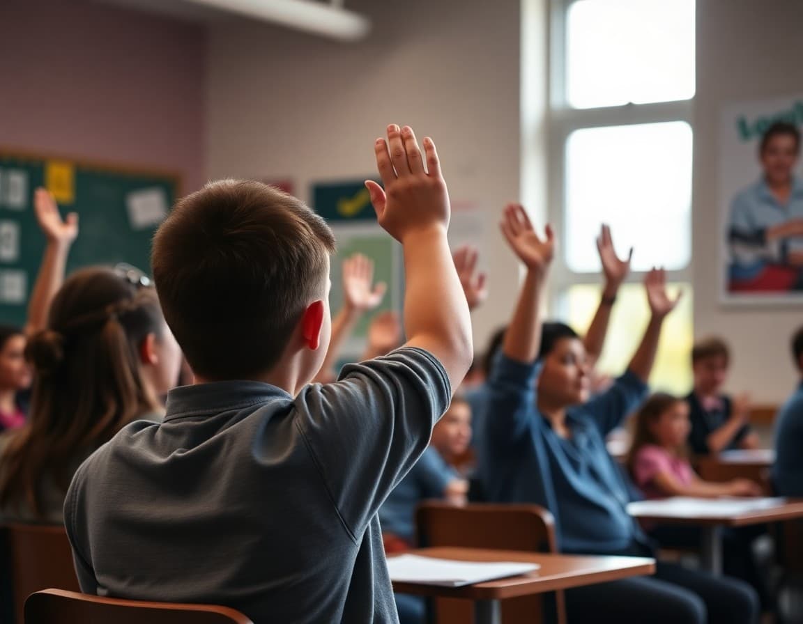 Students raising hands to ask questions during a guest speaker presentation at their school