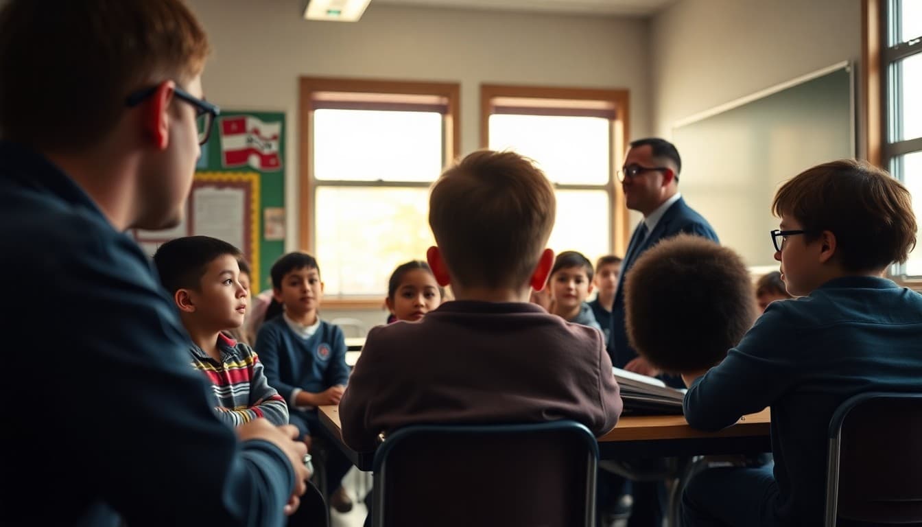 Guest speaker presenting to attentive elementary students in a classroom setting