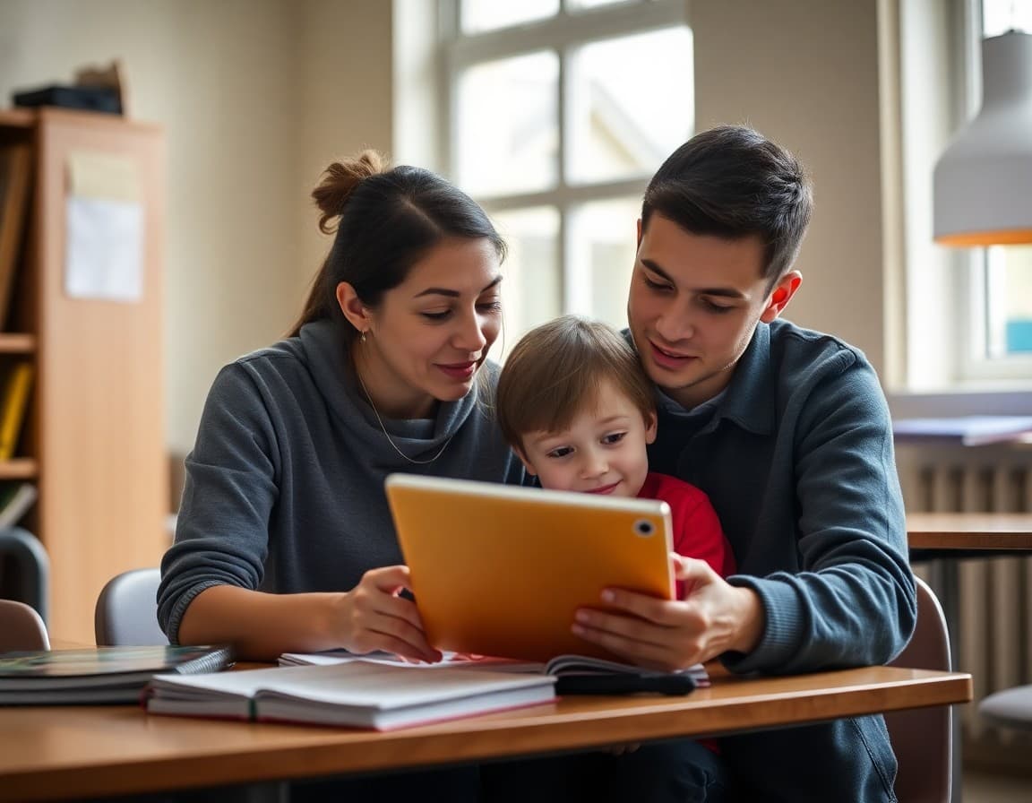 Parent and child reviewing homework together using a school support resource