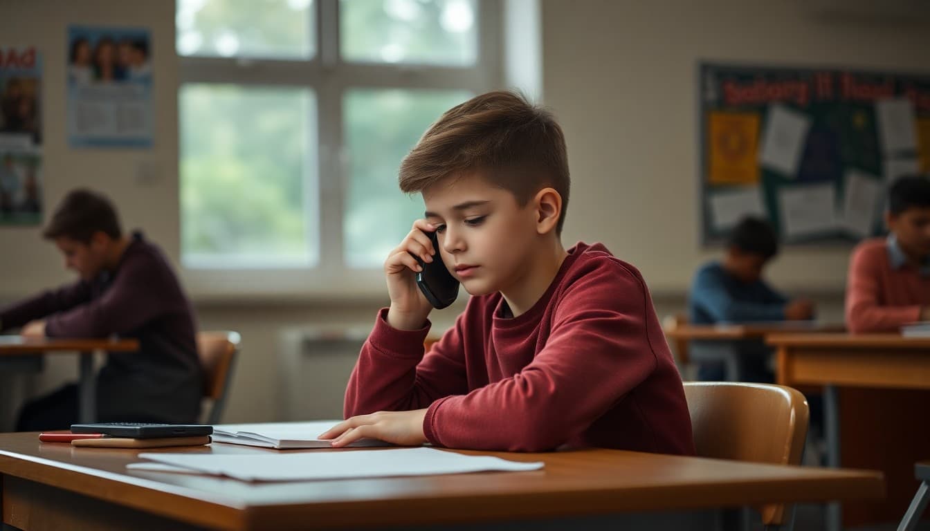 Student sitting at a desk on the phone getting homework help in the evening