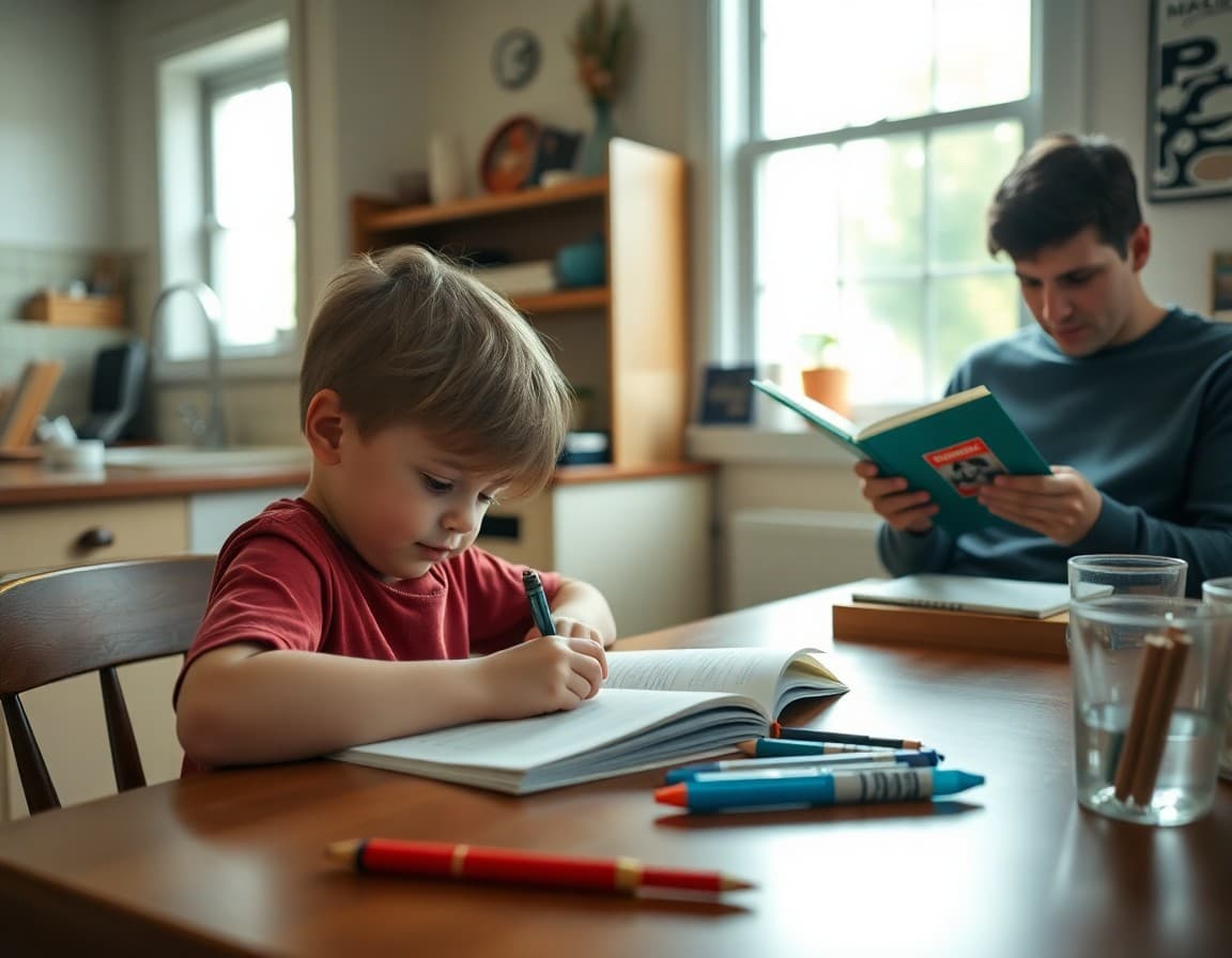 Child working on homework at a kitchen table while a parent reads nearby
