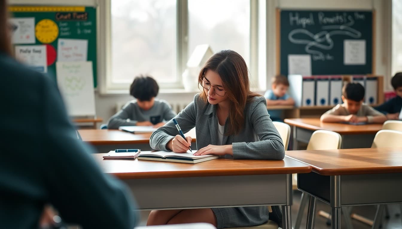 Teacher sitting at a desk writing a homework policy letter for classroom families