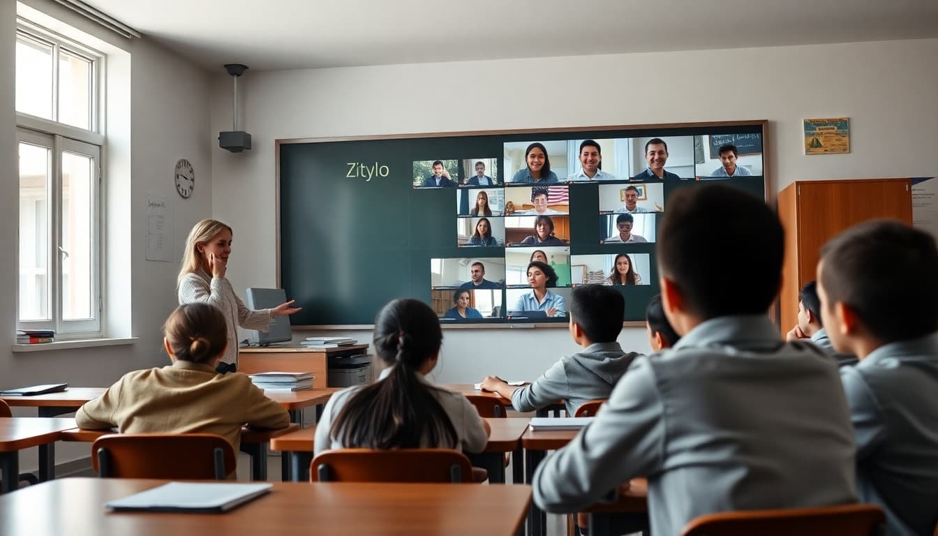 Teacher simultaneously instructing students in a classroom and remote learners on a screen