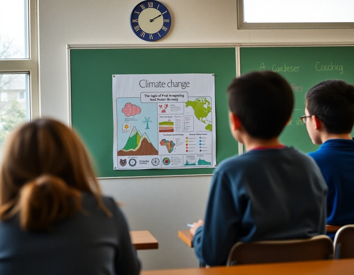 Colorful student-made infographic about climate change printed and displayed on classroom wall