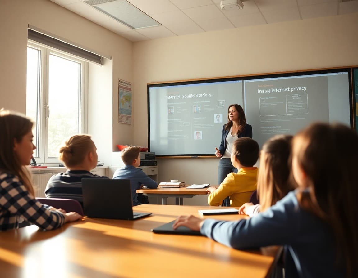 Teacher leading a discussion about internet privacy with students looking at an interactive whiteboard