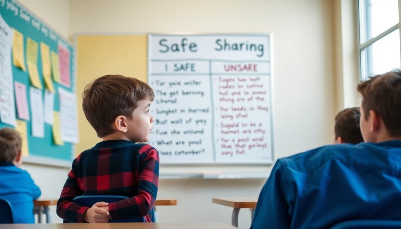Student looking at a classroom anchor chart about safe and unsafe online sharing rules