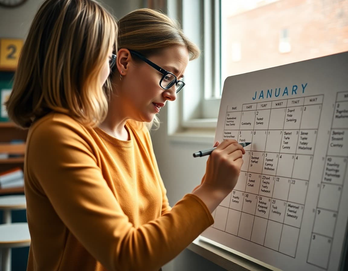 Teacher writing January dates and academic milestones on a classroom planning calendar