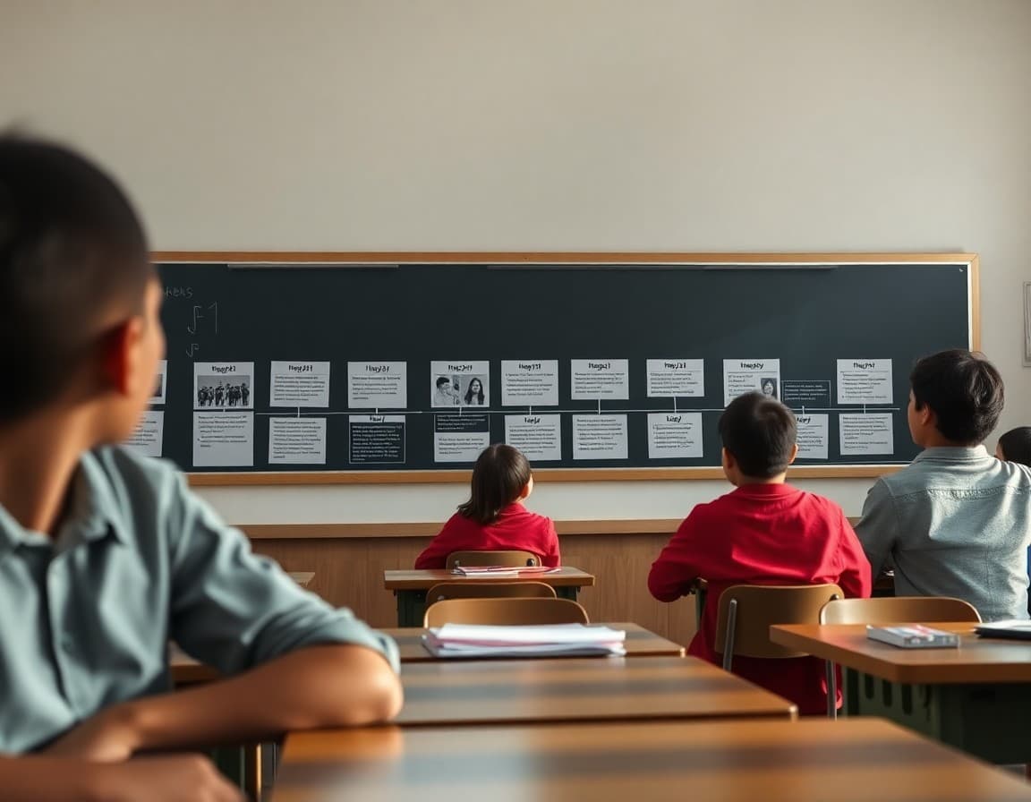 Classroom timeline showing the history of workers' rights from the 1800s to the present day
