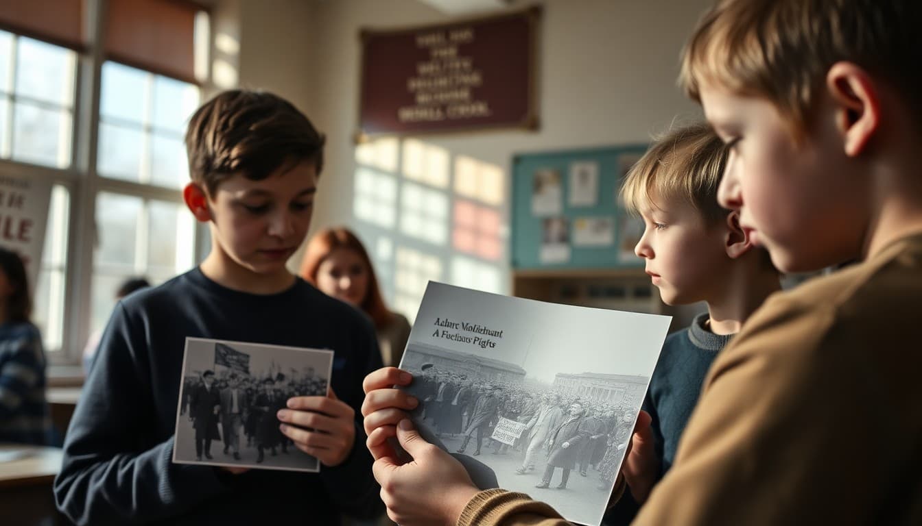 Students examining historical photographs of labor movement marches and early workers' rights campaigns