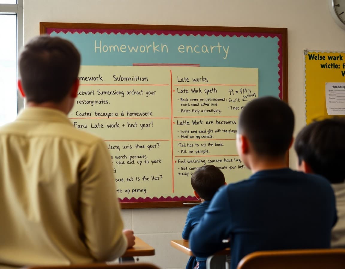 Classroom responsibility chart showing homework submission expectations and late work process