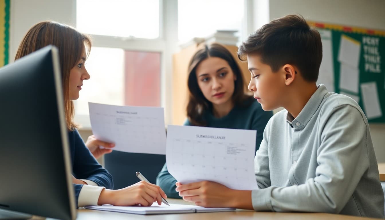Teacher reviewing a submission calendar with a student discussing what happens when work is turned in late