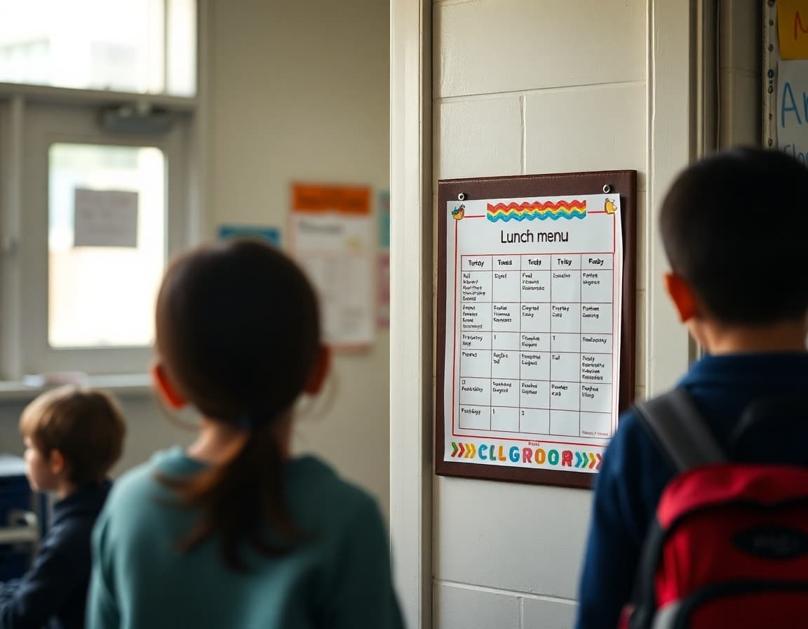 Monthly lunch menu printed on colorful paper posted near classroom door