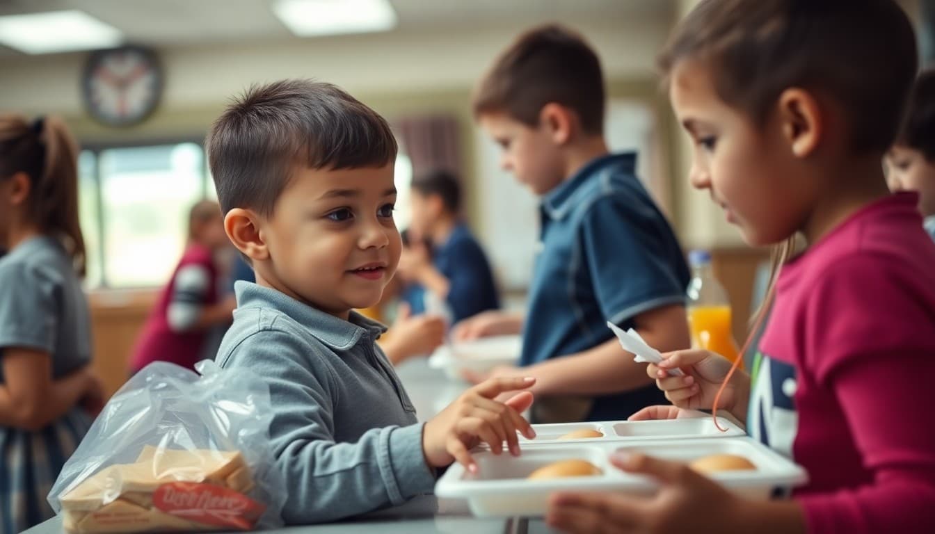 Elementary student choosing lunch from cafeteria menu line at school