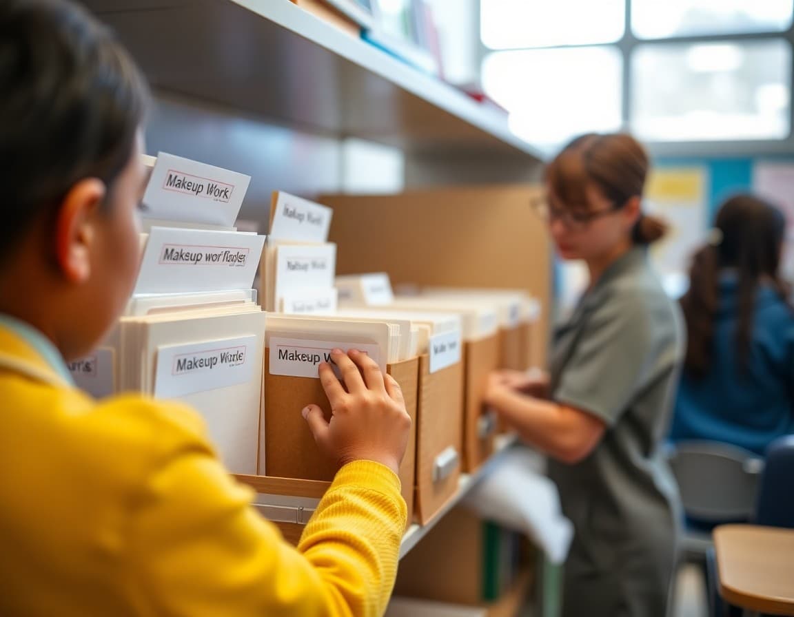 Teacher organizing makeup work folders on classroom shelf by student name