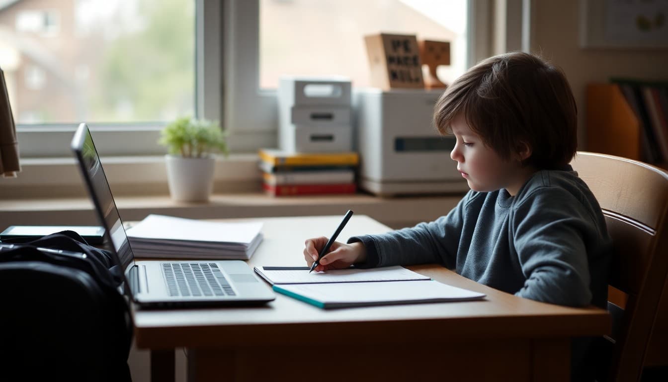 Student working on makeup assignments at home after being absent from school