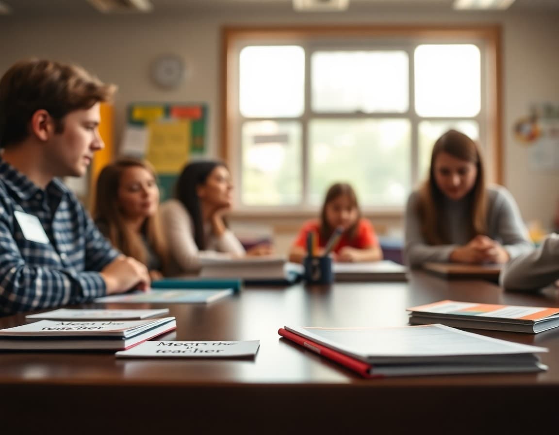 Meet the teacher brochure laid out on a welcome table with name tags