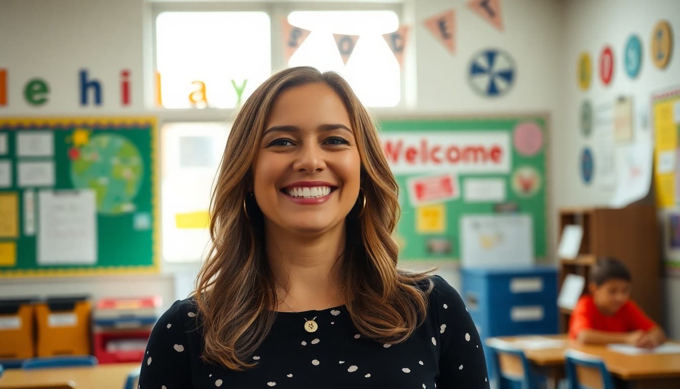 Teacher smiling in a decorated classroom with a welcome sign behind her