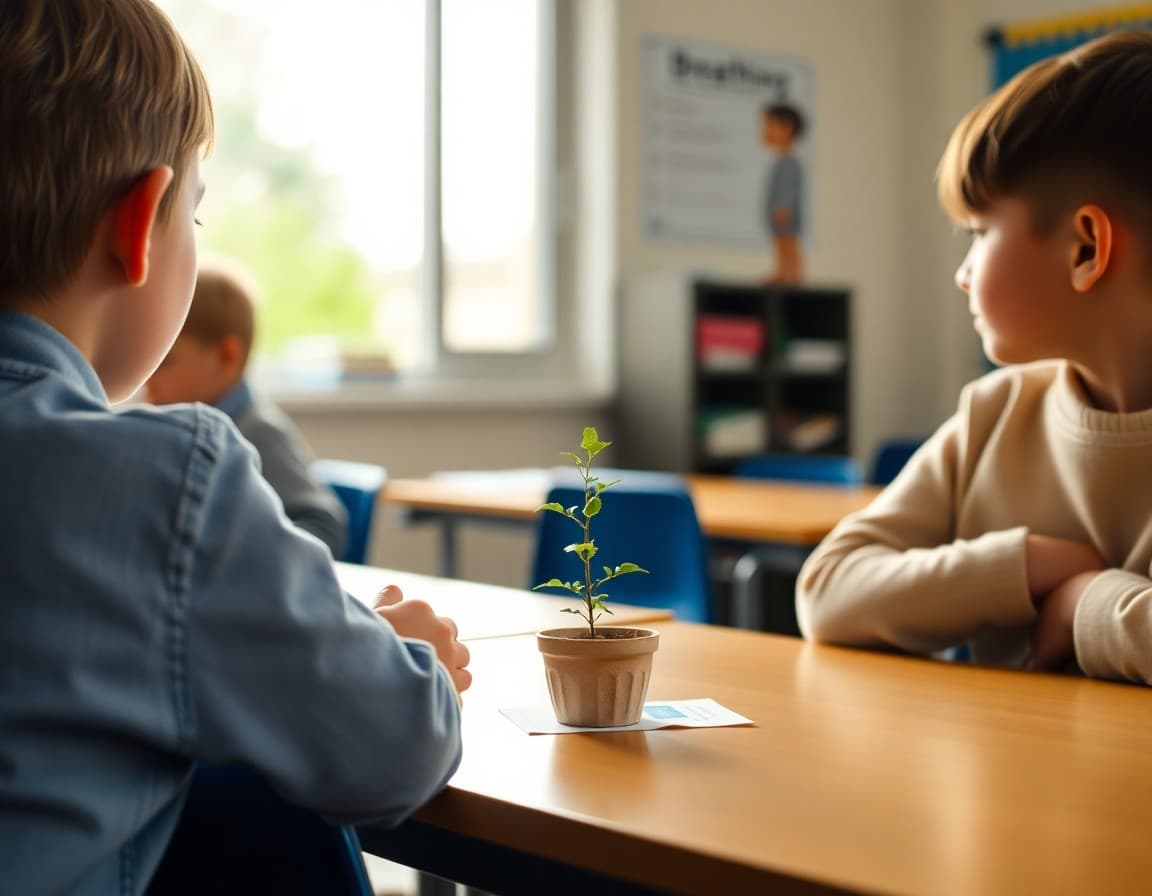 Calm corner of a classroom with a small plant and breathing reminder cards
