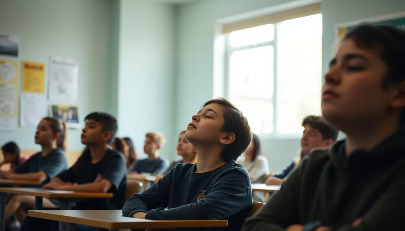 Students sitting quietly with eyes closed during a mindfulness exercise in class