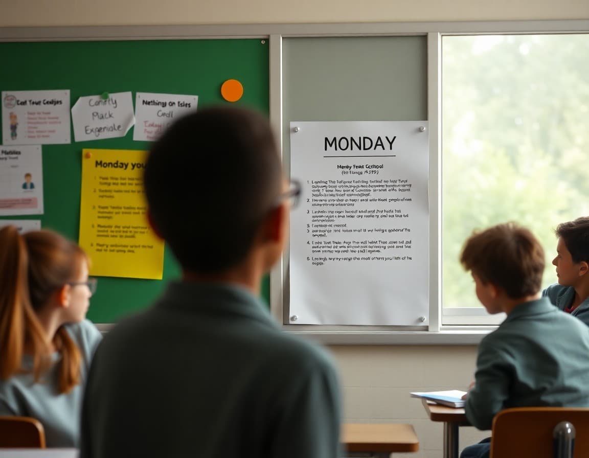 Monday memo printed and posted on a classroom bulletin board